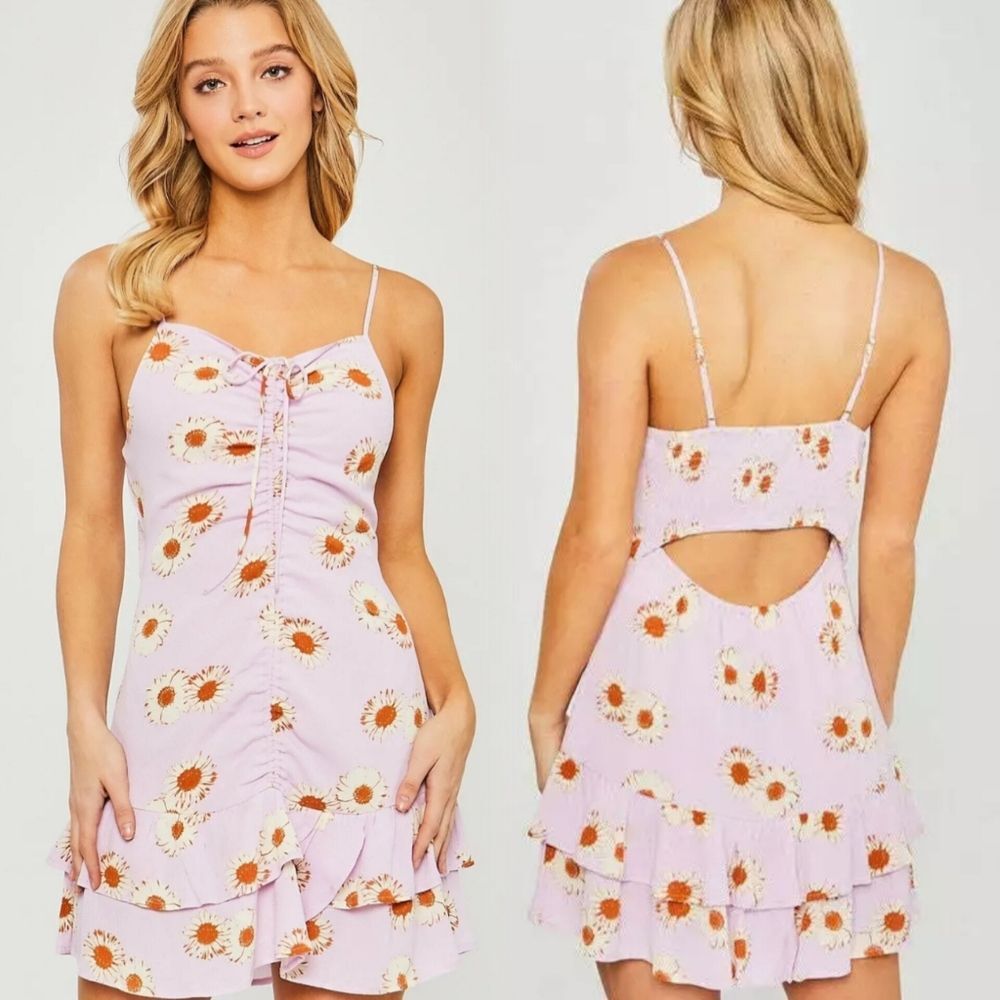 Love Tree Women's Floral Daisy Ruffle Lilac Purple Mini Peplum Dress M